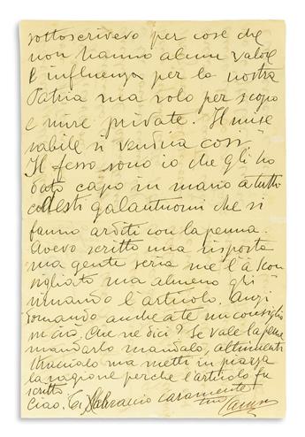 CARUSO, ENRICO. Two Autograph Letters Signed, in full or Caruso, to editor of the Piedigrotta magazine Luigi Pane (Dear Luigi or D